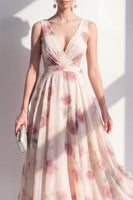 Load image into Gallery viewer, Blush A Line Floral V-Neck Ruched Maxi Beach Wedding Guest Dress