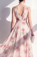 Load image into Gallery viewer, Blush A Line Floral V-Neck Ruched Maxi Beach Wedding Guest Dress