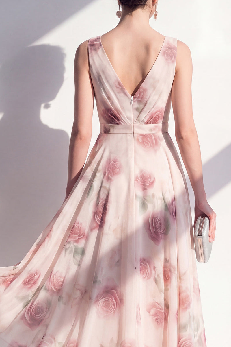 Load image into Gallery viewer, Blush A Line Floral V-Neck Ruched Maxi Beach Wedding Guest Dress