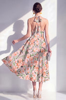 Load image into Gallery viewer, Halter Pink Flower A Line Maxi Beach Wedding Guest Dress