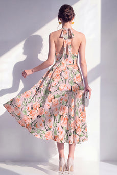 Halter Pink Flower A Line Maxi Beach Wedding Guest Dress