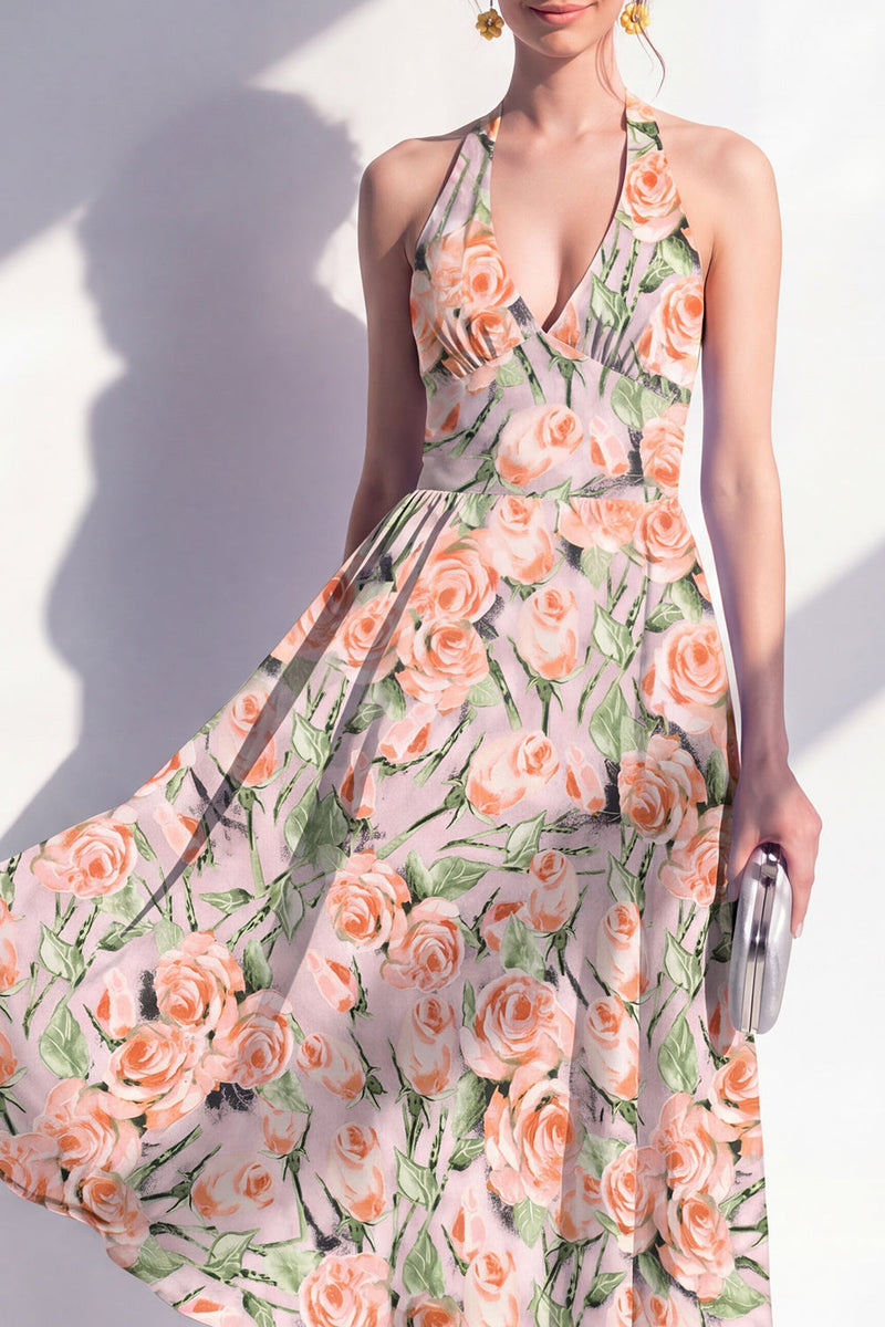 Load image into Gallery viewer, Halter Pink Flower A Line Maxi Beach Wedding Guest Dress