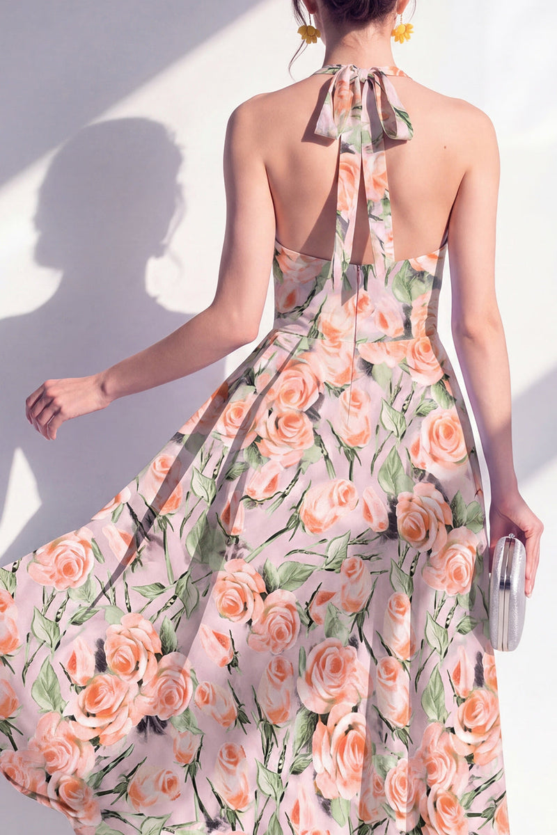 Load image into Gallery viewer, Halter Pink Flower A Line Maxi Beach Wedding Guest Dress
