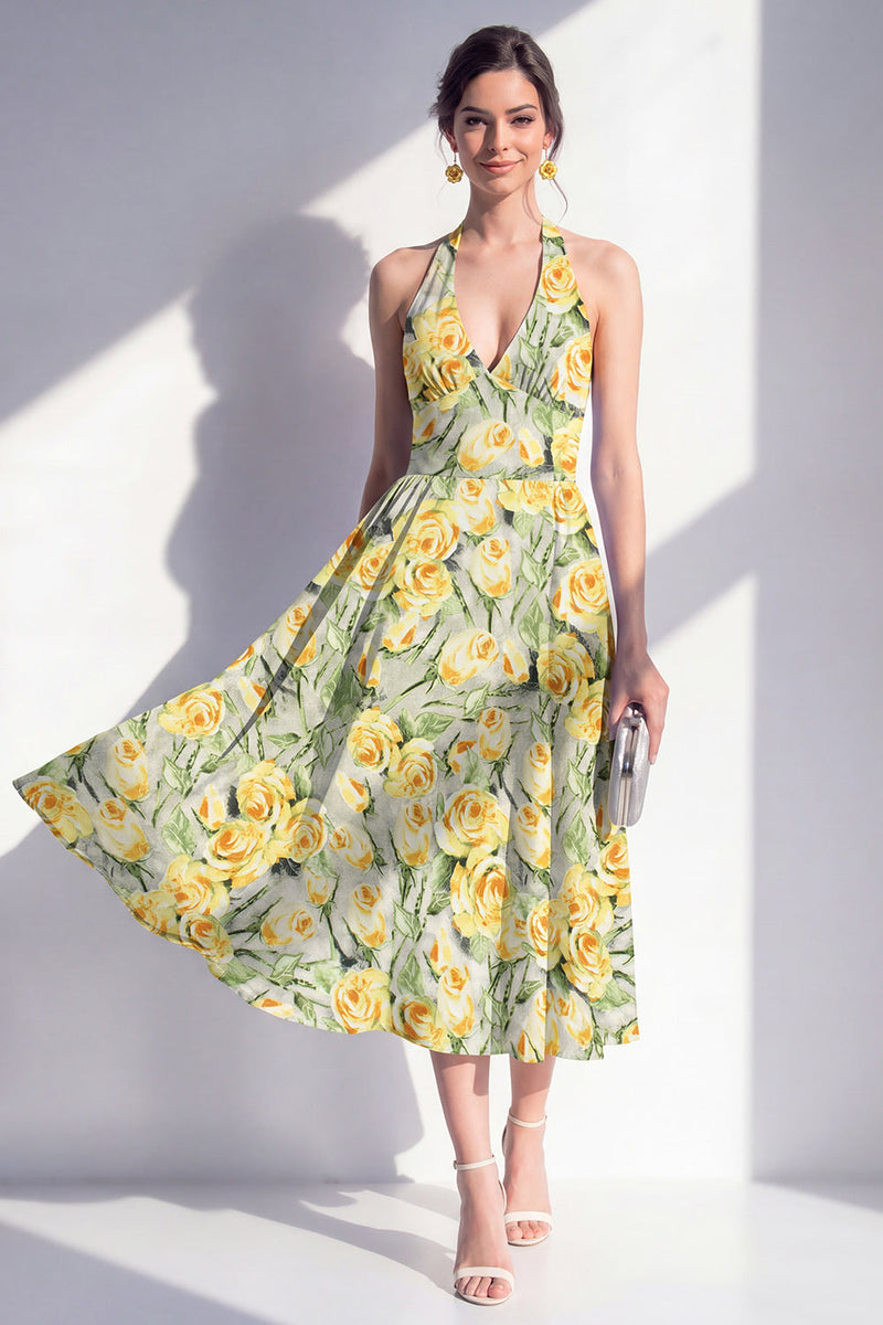 Load image into Gallery viewer, Halter Pink Flower A Line Maxi Beach Wedding Guest Dress
