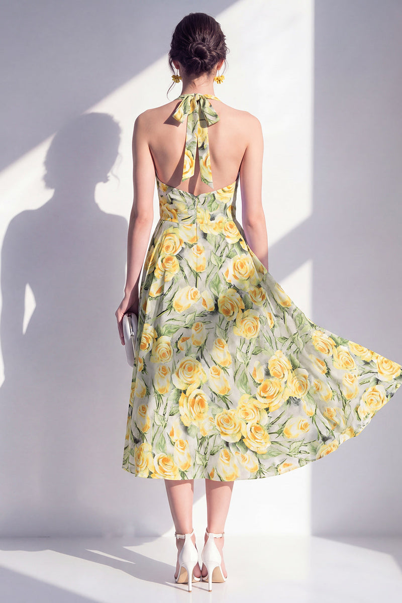 Load image into Gallery viewer, Halter Pink Flower A Line Maxi Beach Wedding Guest Dress