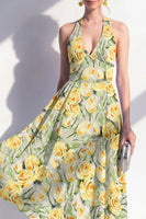 Load image into Gallery viewer, Halter Pink Flower A Line Maxi Beach Wedding Guest Dress
