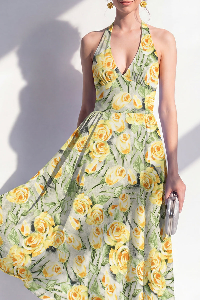 Load image into Gallery viewer, Halter Pink Flower A Line Maxi Beach Wedding Guest Dress