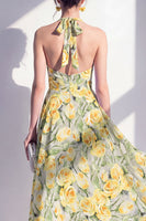 Load image into Gallery viewer, Halter Pink Flower A Line Maxi Beach Wedding Guest Dress