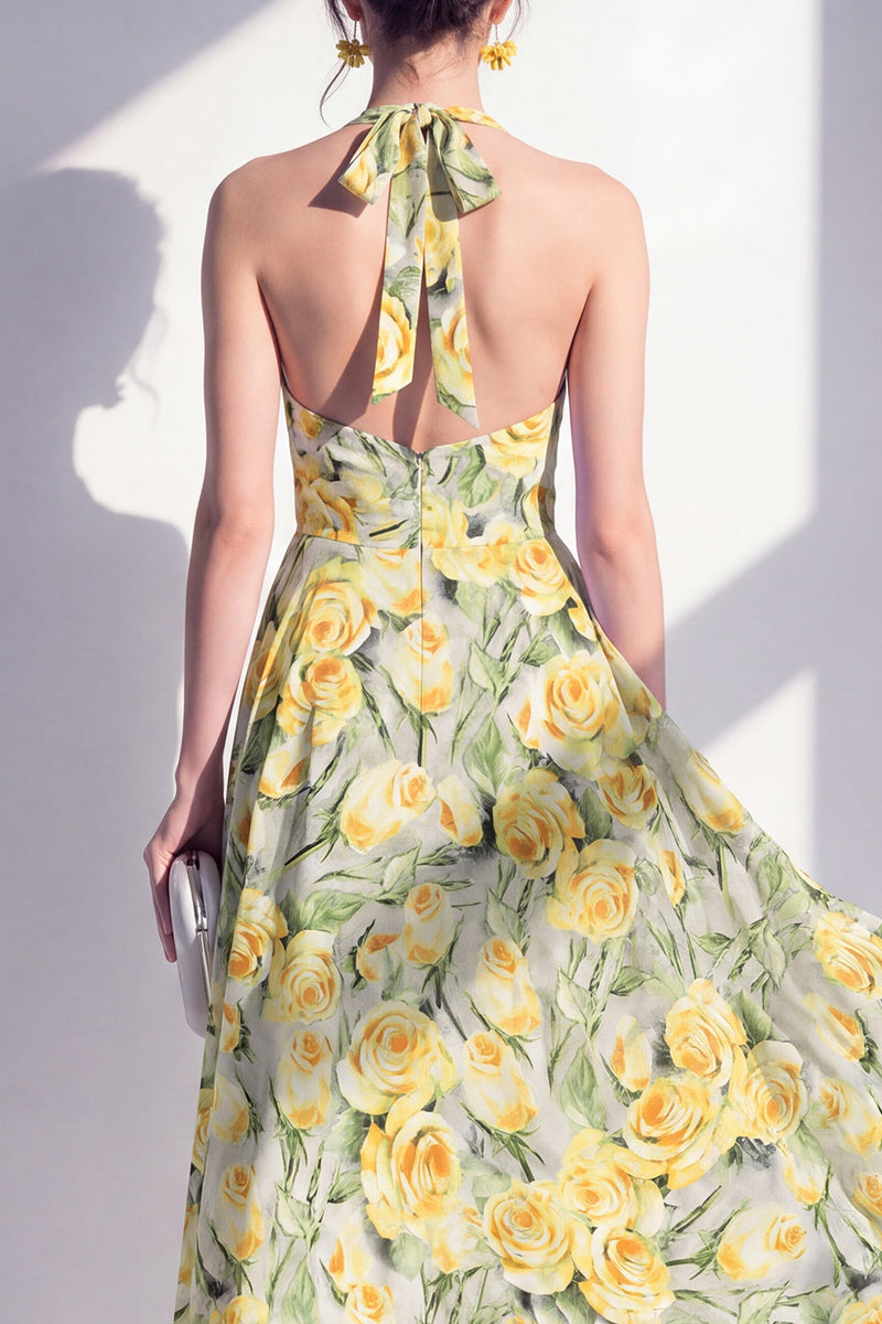 Load image into Gallery viewer, Halter Pink Flower A Line Maxi Beach Wedding Guest Dress