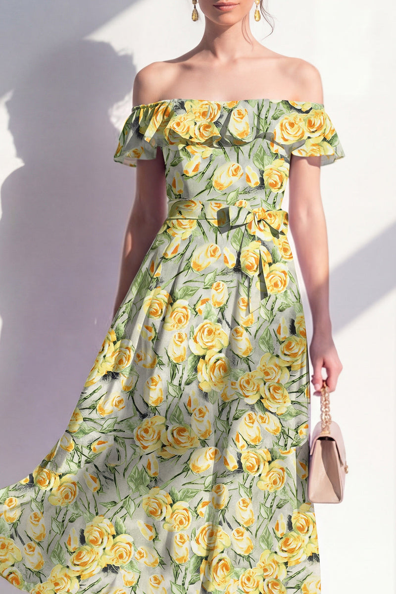Load image into Gallery viewer, Pink Flower A Line Beach Maxi Wedding Guest Dress with Ruffles