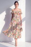Load image into Gallery viewer, Pink Flower A Line Beach Maxi Wedding Guest Dress with Ruffles