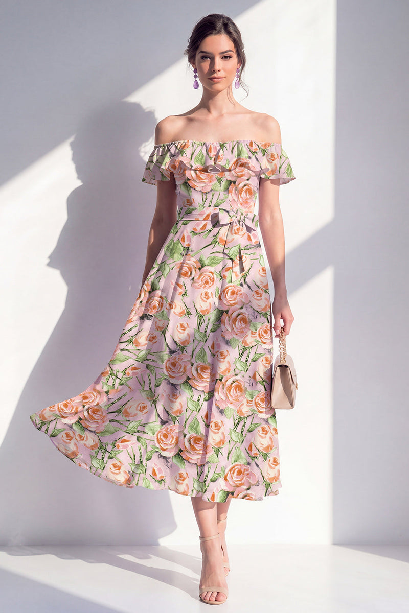 Load image into Gallery viewer, Pink Flower A Line Beach Maxi Wedding Guest Dress with Ruffles