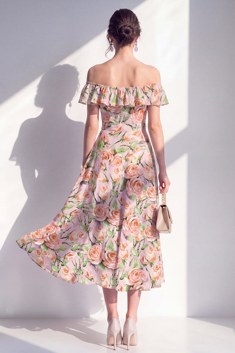 Load image into Gallery viewer, Pink Flower A Line Beach Maxi Wedding Guest Dress with Ruffles