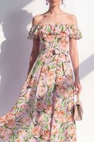 Load image into Gallery viewer, Pink Flower A Line Beach Maxi Wedding Guest Dress with Ruffles