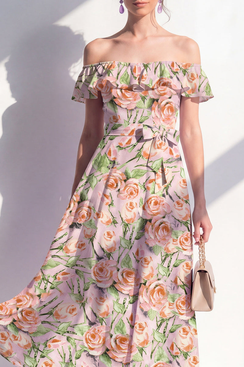 Load image into Gallery viewer, Pink Flower A Line Beach Maxi Wedding Guest Dress with Ruffles
