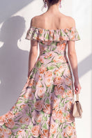 Load image into Gallery viewer, Pink Flower A Line Beach Maxi Wedding Guest Dress with Ruffles