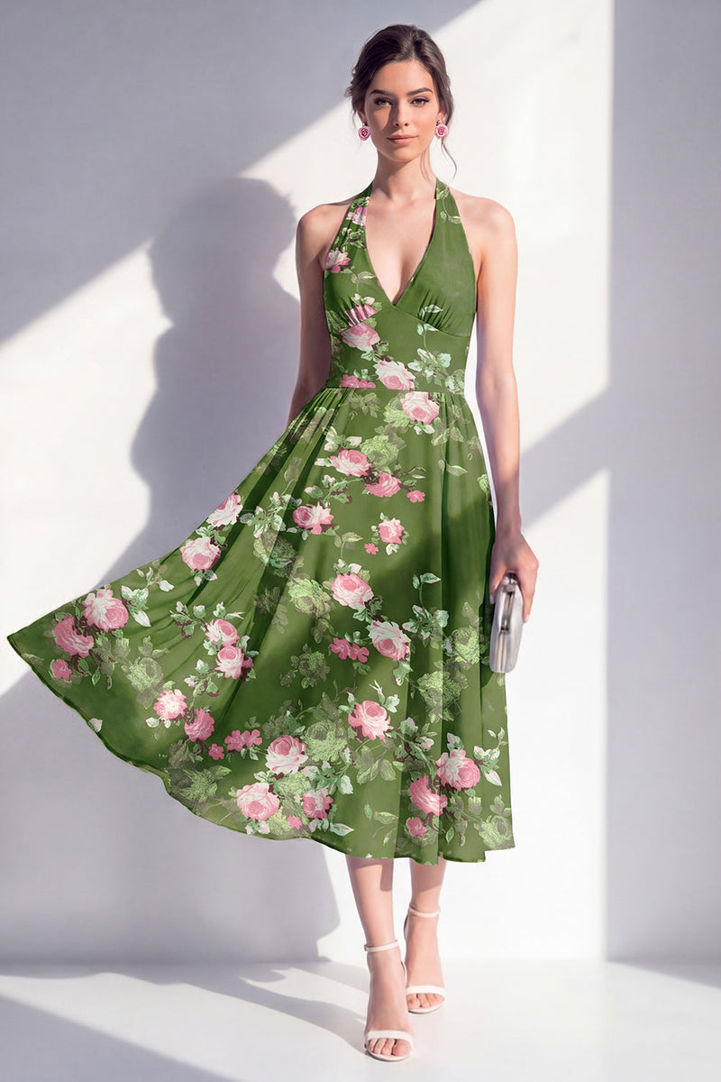 Load image into Gallery viewer, Halter Dark Green Open Back Floral A Line Maxi Beach Wedding Guest Dress