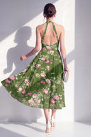 Load image into Gallery viewer, Halter Dark Green Open Back Floral A Line Maxi Beach Wedding Guest Dress