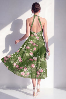 Halter Dark Green Open Back Floral A Line Maxi Beach Wedding Guest Dress