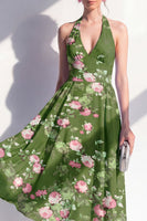 Load image into Gallery viewer, Halter Dark Green Open Back Floral A Line Maxi Beach Wedding Guest Dress