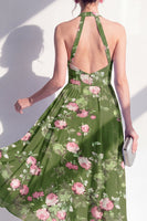 Load image into Gallery viewer, Halter Dark Green Open Back Floral A Line Maxi Beach Wedding Guest Dress