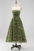 Load image into Gallery viewer, Dark Green Floral Strapless A Line Maxi Beach Wedding Guest Dress