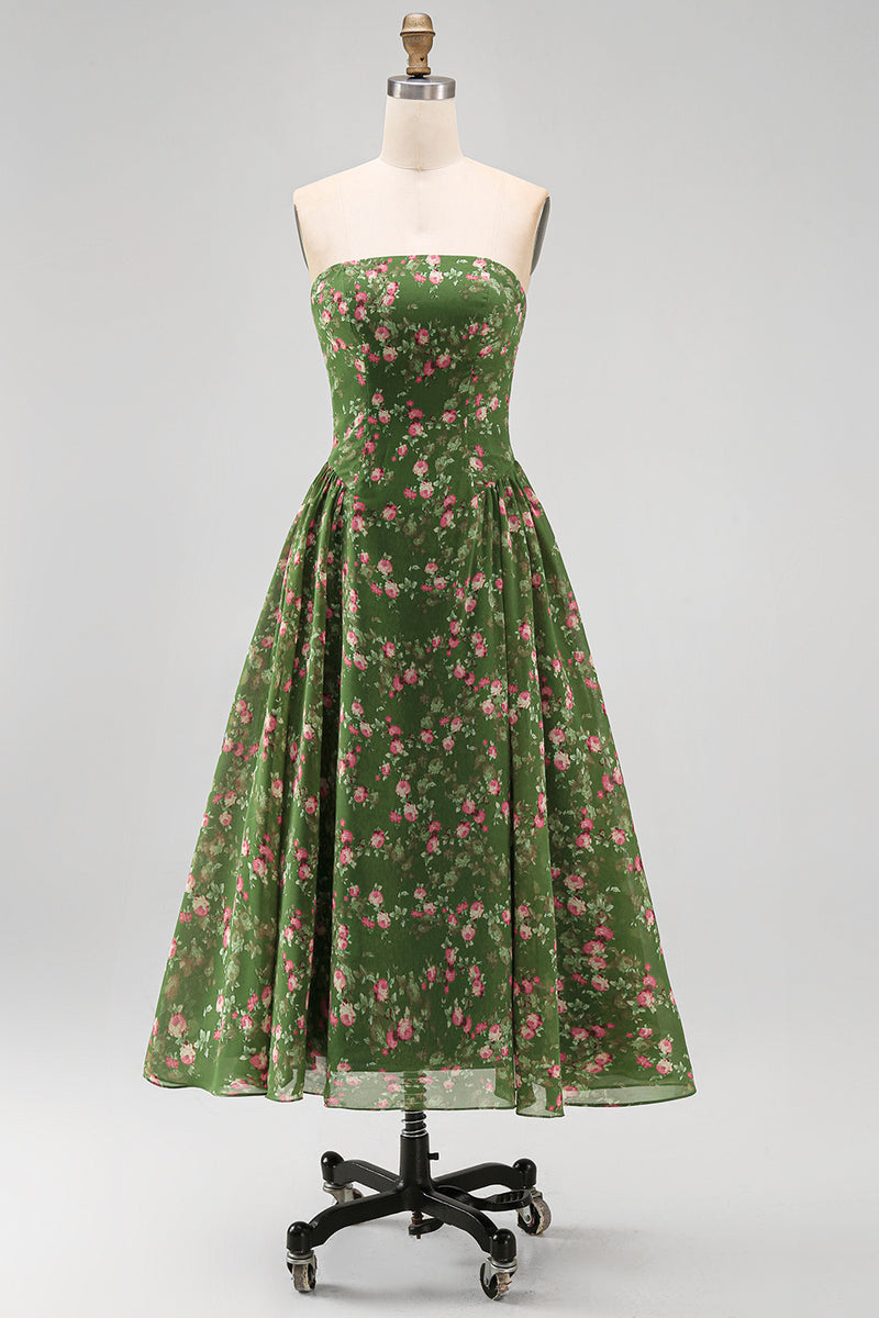 Load image into Gallery viewer, Dark Green Floral Strapless A Line Maxi Beach Wedding Guest Dress