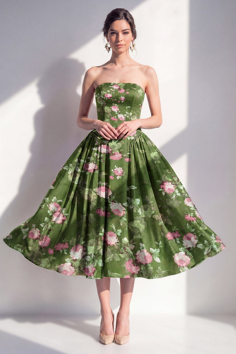 Load image into Gallery viewer, Dark Green Floral Strapless A Line Maxi Beach Wedding Guest Dress