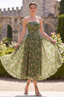 Load image into Gallery viewer, Dark Green Floral Strapless A Line Maxi Beach Wedding Guest Dress