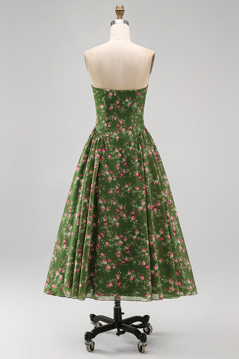 Load image into Gallery viewer, Dark Green Floral Strapless A Line Maxi Beach Wedding Guest Dress