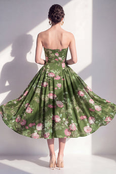 Dark Green Floral Strapless A Line Maxi Beach Wedding Guest Dress