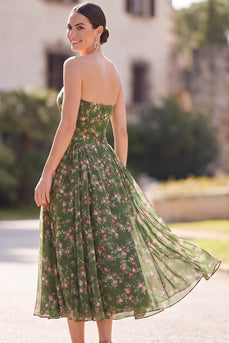 Dark Green Floral Strapless A Line Maxi Beach Wedding Guest Dress