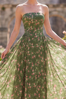 Load image into Gallery viewer, Dark Green Floral Strapless A Line Maxi Beach Wedding Guest Dress