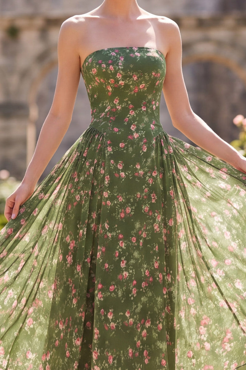 Load image into Gallery viewer, Dark Green Floral Strapless A Line Maxi Beach Wedding Guest Dress