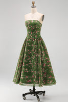 Load image into Gallery viewer, Dark Green Floral Strapless A Line Maxi Beach Wedding Guest Dress