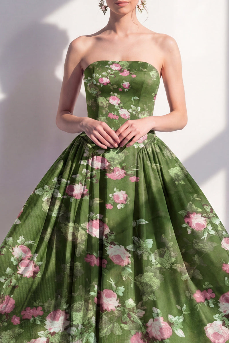 Load image into Gallery viewer, Dark Green Floral Strapless A Line Maxi Beach Wedding Guest Dress