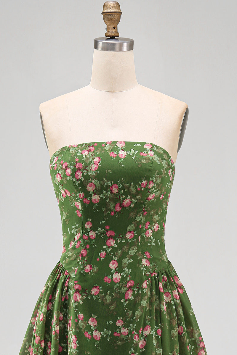 Load image into Gallery viewer, Dark Green Floral Strapless A Line Maxi Beach Wedding Guest Dress