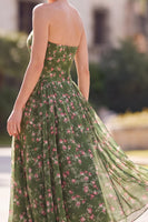 Load image into Gallery viewer, Dark Green Floral Strapless A Line Maxi Beach Wedding Guest Dress
