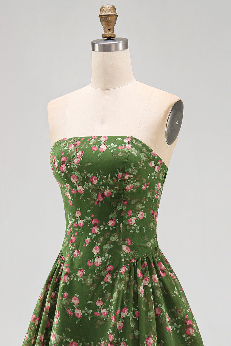 Load image into Gallery viewer, Dark Green Floral Strapless A Line Maxi Beach Wedding Guest Dress