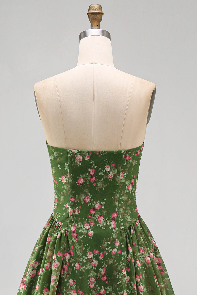 Load image into Gallery viewer, Dark Green Floral Strapless A Line Maxi Beach Wedding Guest Dress