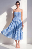 Load image into Gallery viewer, Blue Floral Strapless A Line Maxi Wedding Guest Dress
