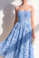 Load image into Gallery viewer, Blue Floral Strapless A Line Maxi Wedding Guest Dress