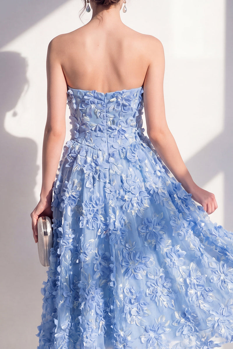 Load image into Gallery viewer, Blue Floral Strapless A Line Maxi Wedding Guest Dress