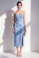 Load image into Gallery viewer, Floral Spaghetti Straps Blue Sheath Maxi Wedding Guest Dress with Slit