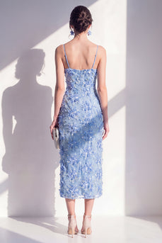 Floral Spaghetti Straps Blue Sheath Maxi Wedding Guest Dress with Slit