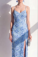 Load image into Gallery viewer, Floral Spaghetti Straps Blue Sheath Maxi Wedding Guest Dress with Slit