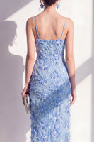 Load image into Gallery viewer, Floral Spaghetti Straps Blue Sheath Maxi Wedding Guest Dress with Slit