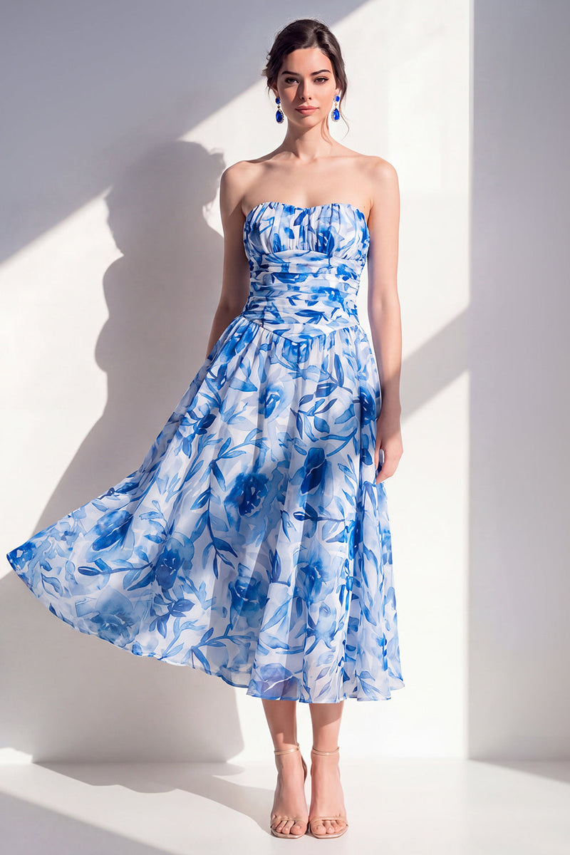 Load image into Gallery viewer, Strapless Blue Flower Ruched A Line Maxi Beach Wedding Guest Dress