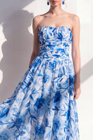 Load image into Gallery viewer, Strapless Blue Flower Ruched A Line Maxi Beach Wedding Guest Dress