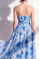 Load image into Gallery viewer, Strapless Blue Flower Ruched A Line Maxi Beach Wedding Guest Dress